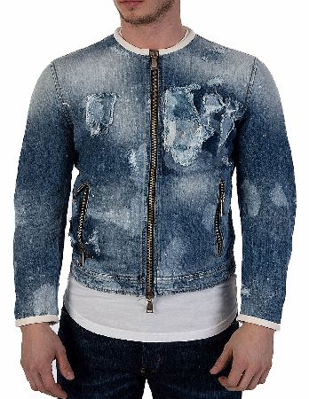 Ripped Denim  Leather Bomber Jacket