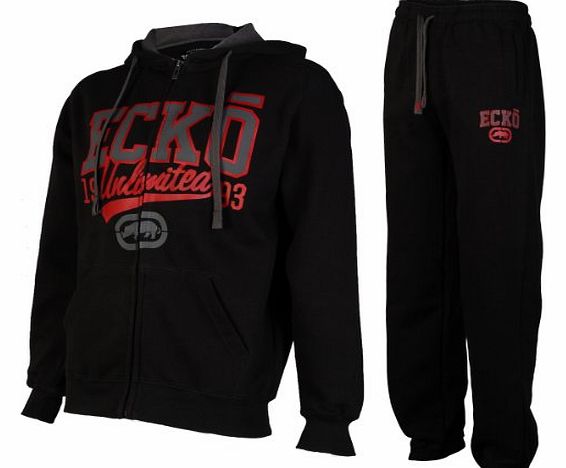 Mens Black Ecko Bow Designer Hooded Sweatshirt Joggers Tracksuit Set Size M