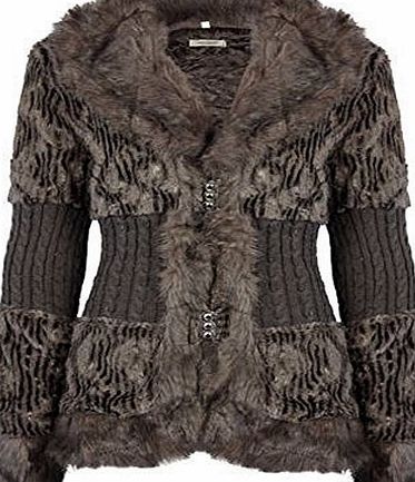 EeZeeCat LADIES NEW FAUX FUR KNITTED DETAIL CARDIGAN COAT - MOCHA L