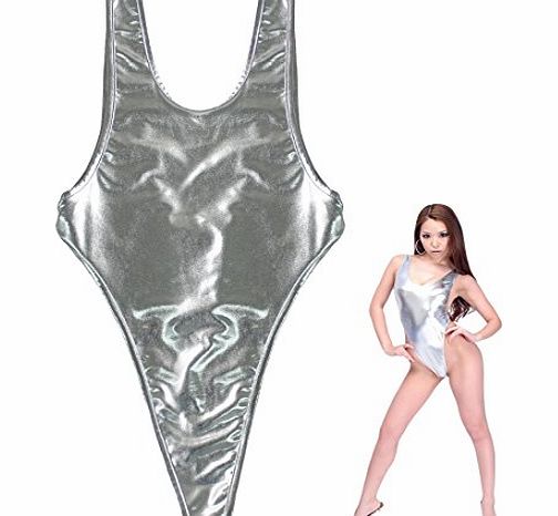 EFE Sexy Lady Women One Piece Curve Cutout Wet Monokini Bodysuit Swimwear Thong Leotard Bikini Swimsuit Silver