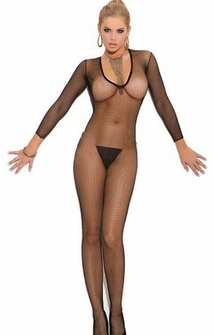 Elegant Moments Sexy Black Deep V Front Fishnet Bodystocking. One Size 