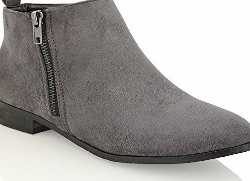 ESSEX GLAM LADIES CHELSEA BLOCK HEEL RIDING BIKER GOLD ZIP WOMENS FLAT ANKLE BOOTS SIZE 3-8 (UK 5 / EU 38 / US 7, GREY FAUX SUEDE)