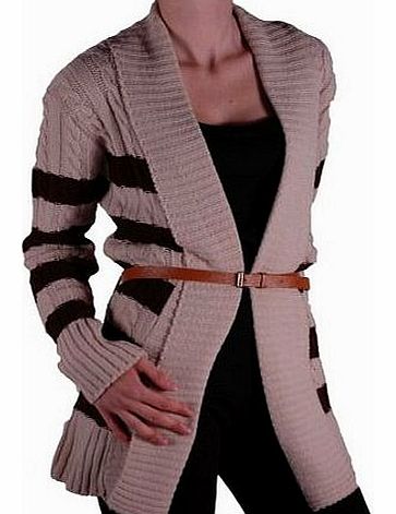 Eye Catch EyeCatch - Womens Striped Open Front Ladies Belted Cardigan One Size Beige Brown