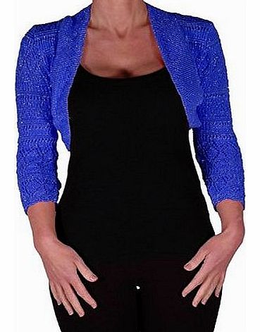 EyeCatchClothing - Lurex Lilly Glitz Ladies Crochet Knit Shrug One Size Royal Blue