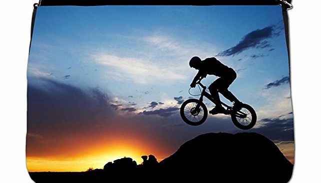 Fancy A Bag Silhouette of BMX Bike Rider Jumping Off Rock Black Large Messenger School Bag