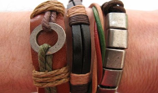 Fancy That uk leather bracelets Four Mens or Womens hemp unisex urban surfer Brown leather Silver finish metal spacers cord friendship bracelets