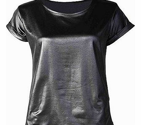 Ladies Celebrity TOP LEATHER WET LOOK PVC PU T SHIRT VEST SIZE 8-14 (ML-UK(12-14), Black)