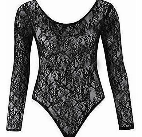 Fashion 4 Less Womens Ladies Plus Size Mesh Insert Lace Leotard Bodysuit Body con Top 8 to 26 (24-26, Black)