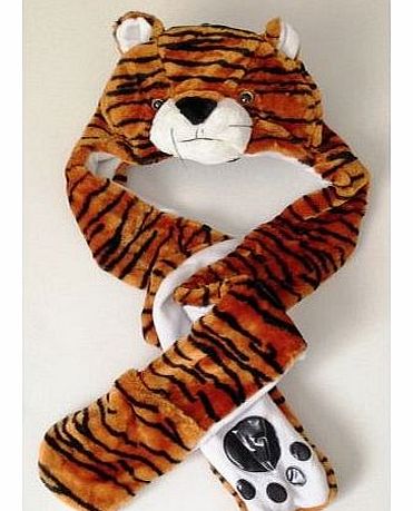 Tiger Long Animal Faux Fur Head Trapper Hat Hood / Scarf / Snood / Gloves all in one Ladies / Men / Kids / Children Long Animal Faux Fur Head Trapper Hat / Scarf / Gloves all in one