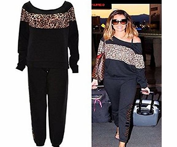 Fashion charming - Ladies Celebrity Off Shoulder Leopard Print Fleece Jogging Suit Tracksuit Bottom Top (ML, BLACK)