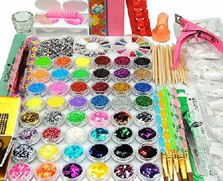 FASHION GALLERY  Full 48 Pot Acrylic Nail Art Powder Glitter UV Gel Clipper Brush Tips Set