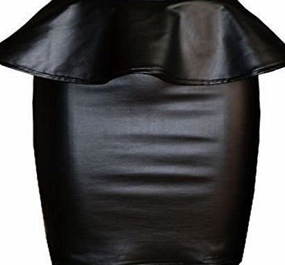 Fashion Mark - Womens Wet Look Peplum Skater Skirt Ladies Celebrity PVC Pencil Skirt - Black - Sizes 8-24 (SM=8/10, Pencil Skirt)