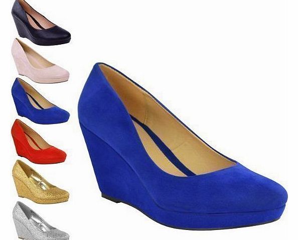 Fashion Thirsty LADIES WOMENS SLIP ON MID WEDGE PLATFORM COURT SHOES SIZE (UK 5 / EU 38 / US 7, Cobalt Blue Suede)