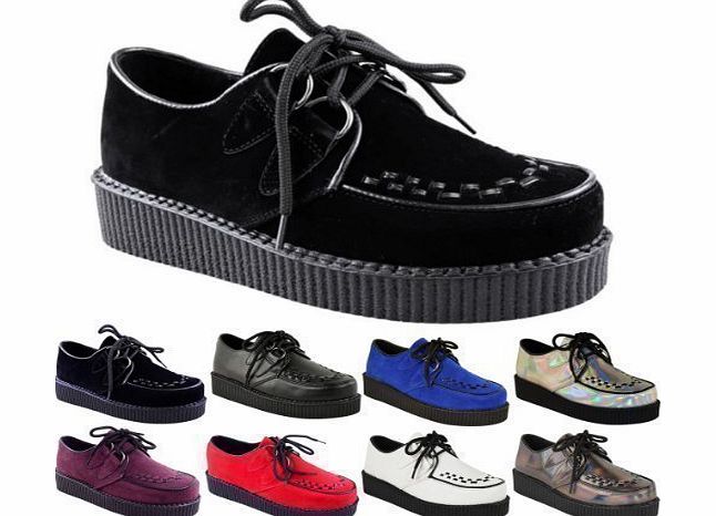 NEW LADIES WOMENS CREEPER GOTH PUNK PLATFORM LACE UP SHOES FLAT SIZE (UK 7 / EU 40 / US 9, Black Suede)