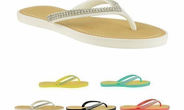 WOMENS LADIES DIAMANTE JELLY SANDALS SUMMER BEACH FLIP FLOPS TOE POST SHOES SIZE (UK 6, Black)