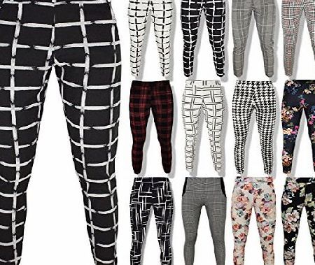 WOMENS LADIES ELASTICATED STRETCH TROUSERS PANTS SKINNY POCKET SLIM LEG LEGGINGS (UK 10, Grey Checked)