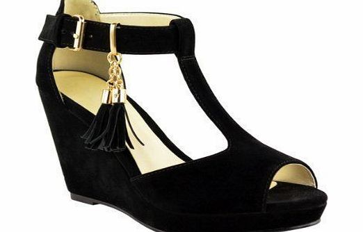 Fashion Thirsty WOMENS LADIES MID HEEL PLATFORM WEDGES PEEP TOE STRAPPY SUMMER SANDALS SIZE (UK 4, Black Suede)