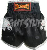 FightStuff Thawat Black w. Silver Eagle Muay Thai Boxing Shorts, M