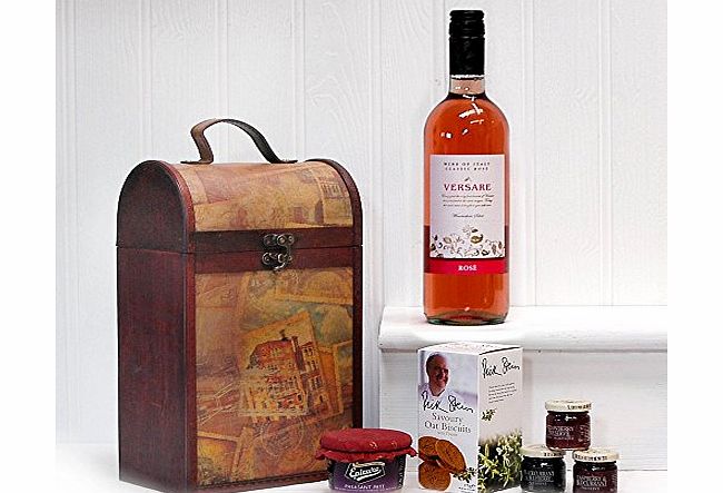 The Clarendon Vintage Wooden Wine Chest Christmas Hamper with 750ml Versare Rose Wine - Luxury Xmas Corporate Birthday Wedding Anniversary Gifts Presents for Men Women Mum Dad