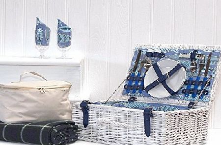 Fine Food Store The Oceana White Deluxe Wicker Picnic Basket Hamper, Chiller Bag 