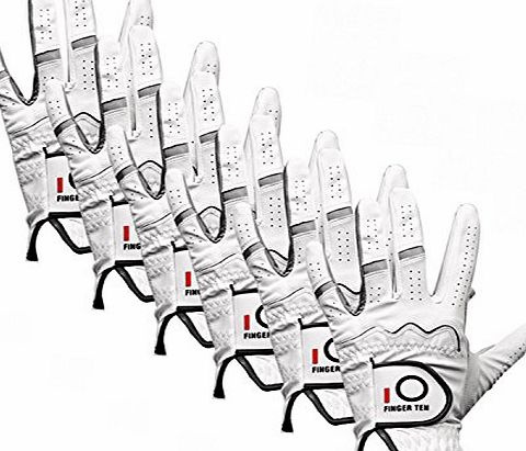 Finger Ten Mens Stablegrip Soft Left Hand(Worn on Left Hand) Golf Gloves 6 Pack (White, M/Large- Pack of 6)