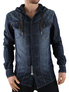 Medium Wash Hooded Denim Shirt