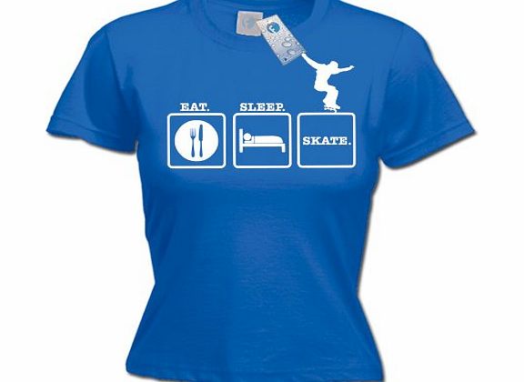 LADIES EAT SLEEP SKATE (L - ROYAL BLUE) NEW PREMIUM FITTED T SHIRT - skateboard street gear wheeles pads knee elbow helmet Slogan Funny Novelty Vintage retro top clothes Unisex Womens Girl Lady tshirt