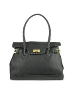 Black Handstitched Pebble Leather Large Satchel Bag