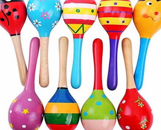 2pcs 20cm Funny Children Kids Wooden Maracas Rattle Shakers Musical Educational Toys (Random Color amp; Pattern)