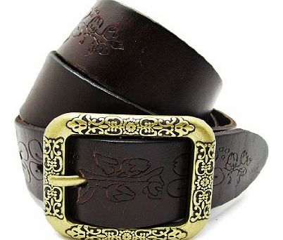 Frentani Womens belt - embossed flower pattern genuine leather - dark brown, 90 cm - 36``