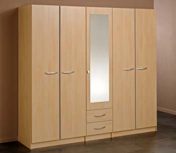 Evia 5 Door Mirrored Wardrobe in Light Beech