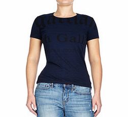 Navy newspaper print cotton T-shirt