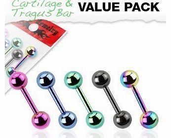 5 Pack of Titanium Anodised over Surgical Steel 16 Gauge (1.2mm) Cartilage / Tragus Bars Barbells