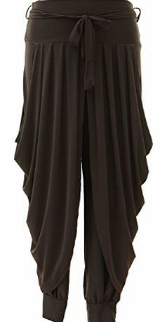 Ladies Womens Italian Lagenlook Layering Dhoti Tie Drape Pleated Loose Baggy Boho Harem Ali Baba Trouser Pants Leggings Joggers (One Size, Dark Brown)