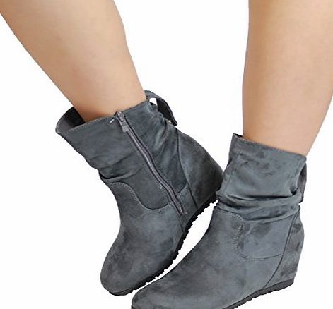 Generic New Womens Flat Suede Look Slouch Low Heel Ankle Boots Hidden Wedge Ladies Shoes (40 / 7 UK, Grey)