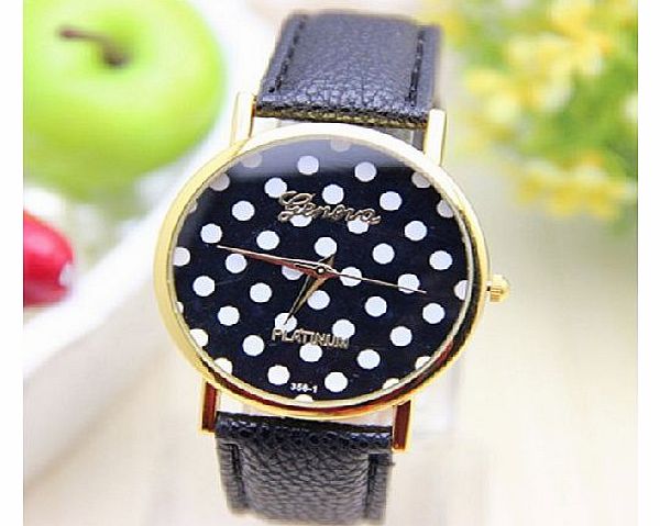 Geneva 12 Colour Women Ladys Brand Geneva Leather Band Watch With Stylish Polka Dot Face Gold Platinum Collection (Black-4)