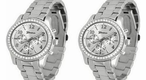 Geneva 2 PACK Geneva Silver Plated Classic Round CZ Ladies Boyfriend Watch