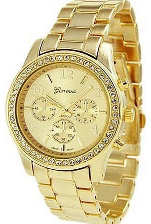 Geneva Chronograph Look Watch with Crystals..Gold Tone Metal Link