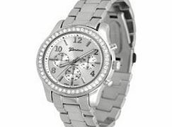 Geneva Chronograph Look with Crystals..SilverTone Metal Link