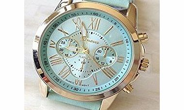 Geneva Luxury Crystal Rhinestones Gold Women Ladies Leather Watch Mint Green