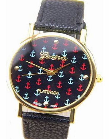 New Fashion Geneva Brand Anchor Pattern Gold Dial Platinum Black Leather Women Lady Dress Watch