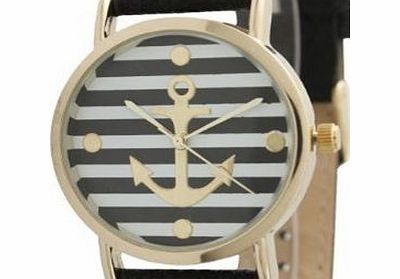 Geneva New Fashion Geneva Brand Stripe Gold Anchor Leather Women Lady Dress Watch BLACK