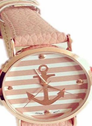 Geneva New Fashion Geneva Brand Stripe Gold Anchor Leather Women Lady Dress Watch Pink