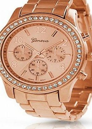 Geneva Rose Gold Plated Classic Round CZ Stainless Steel Back Ladies Boyfriend Watch