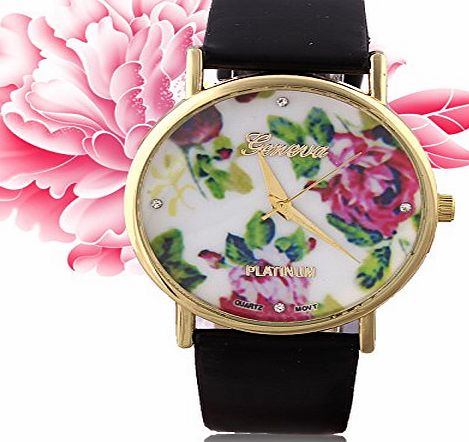 Geneva Ryanwayland Geneva Women Rose Flower Gold Leather Watch Ladies Dress Accessory (black)