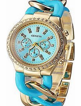 Geneva XMAS Bargain Gift New Geneva Brand Rhinestones Gold Stainless Steel Women Ladies Bracelet Dress Wristwatch - Blue