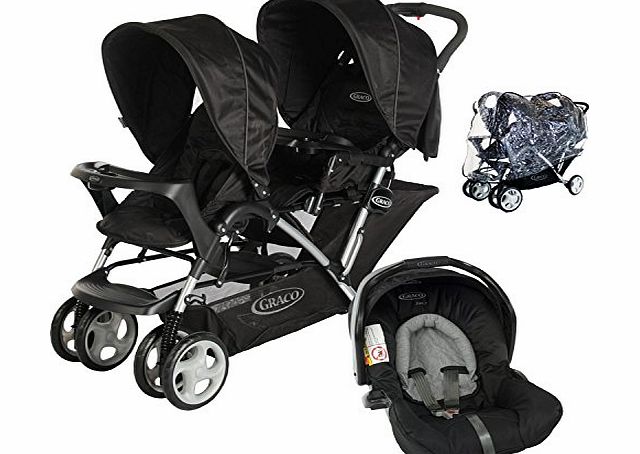 Graco Stadium Duo Tandem Pushchair (Oxford)   Graco Junior Baby 0  Car Seat   Raincover