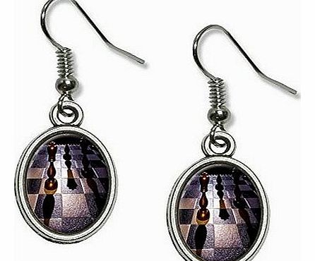 Chess Board Gold King Novelty Dangling Drop Oval Charm Earrings