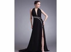 Halter V-neck Backless Beading Pleat Side Slit