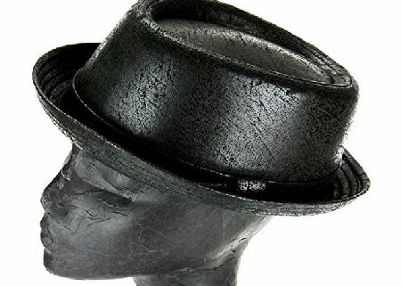 Hawkins PORK PIE HAT BLACK DISTRESSED VINTAGE LEATHER LOOK SKA RUDE BOY RETRO